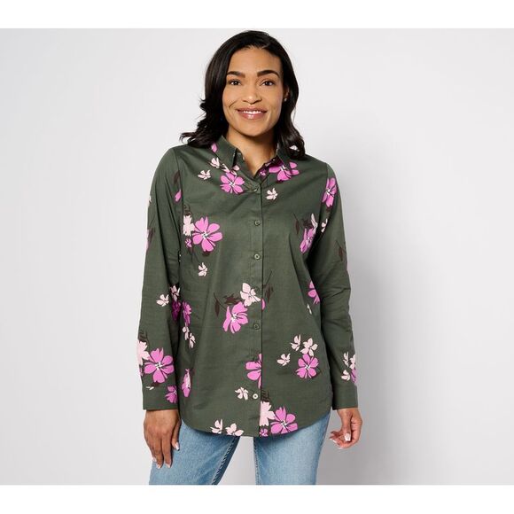 Denim & Co. Women's Top Sz L Printed Poplin Shirt w Side Slits Green A648920 - Picture 1 of 4